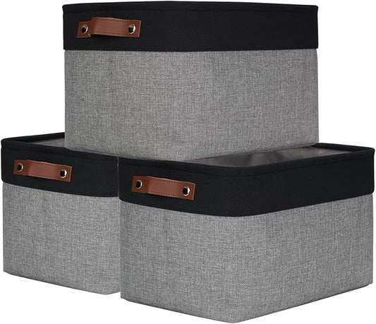 Bagnizer Storage Bins Large Fabric Storage Baskets for Shelves 3 Pack, Decorative Linen Closet Baskets with Handles for Organizing, Shelf, Clothes, Home, Office, 15x11x9.5Inches (Grey&Black)