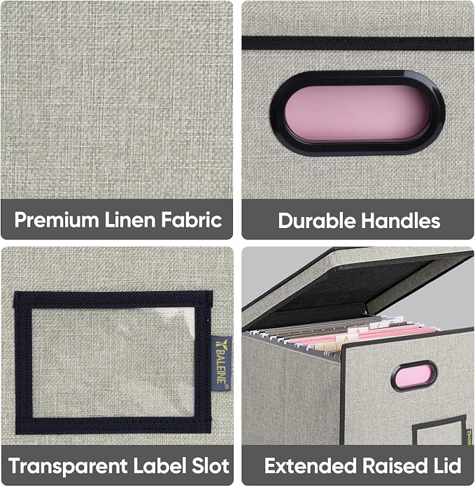 BALEINE File Organizer Box with Lid, Collapsible File Folder Organizer with Plastic Slide, Hanging File Folder Box for Office Document Storage (Tab Friendly, 1 Pack, Beige)