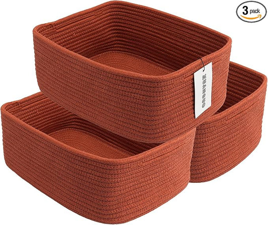 XUANGUO Small Woven Storage Baskets for Shelves, 13" x 9" x 5", Rustic | Decorative rope storage bins for closets and toy storage; cute organizer baskets, empty gift baskets and nursery storage.