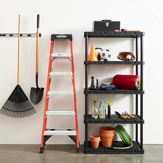 Gracious Living 5-Shelf Plastic Storage Shelves, Heavy-Duty Garage Shelving Unit, Black - Standing Organizer Rack for Kitchen, Bathroom, and Laundry Room