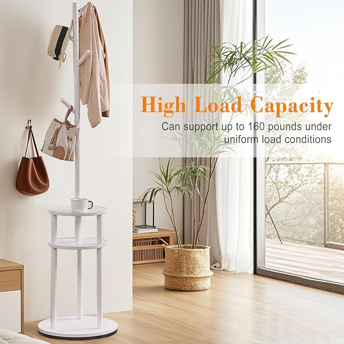 VECELO Coat Rack Freestanding, Entryway Hanger Stand, Umbrella Holder, Hall Tree With Hooks, Floor Standing Tree Stand,White