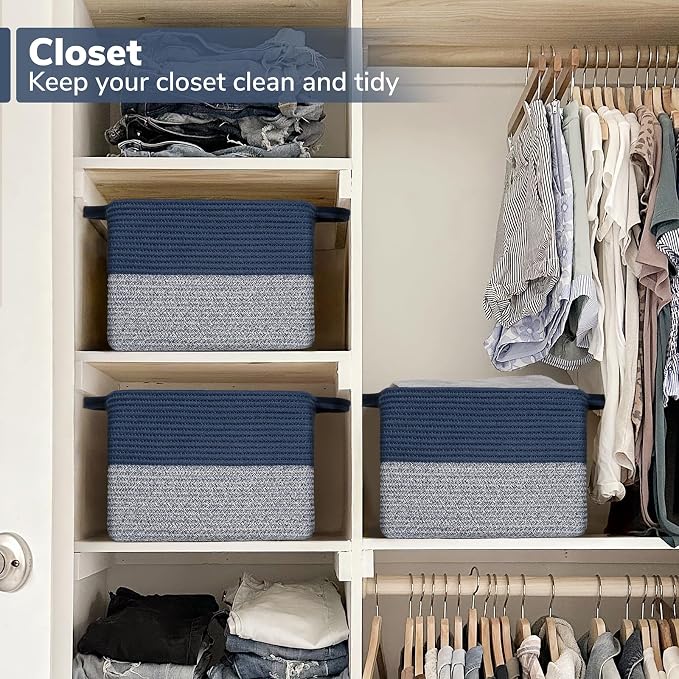 Goodpick Cotton Rope Storage Basket for Shelves, 13" x 10" x 9", Blue | Books, Toys & Towels Storage, Closet & Cube Organizer, Reinforced Handles, Decorative Home Organization