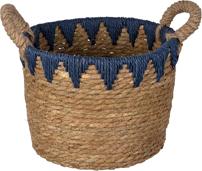 Stratton Home Decor Woven Straw Decorative Storage Basket | Rustic Wicker Basket for Storing Essentials | Natural Colored Blanket Basket with Blue Details | 10.0”x10.0”x10.0”