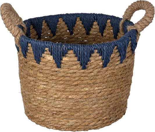 Stratton Home Decor Woven Straw Decorative Storage Basket | Rustic Wicker Basket for Storing Essentials | Natural Colored Blanket Basket with Blue Details | 10.0”x10.0”x10.0”