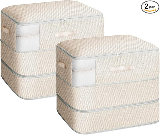 Homsorout 2 Pack Compression Storage Bags - 110L Large Capacity Comforter Storage Bag, 3-Layer Washable Ultra Space Saving Self Compression Organizer Space Bags for Blankets, Sweaters, Sheets, Beige