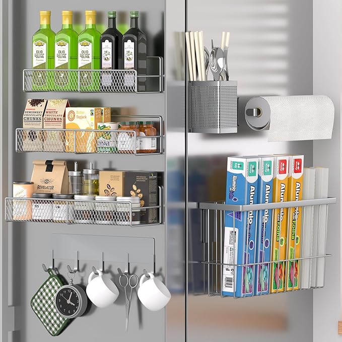 DTUQYX Magnetic Spice Rack for Refrigerator, 7 Pack Metal Magnetic Shelf, Moveable Magnetic Storage Fridge Organizer Grey, Spice Organizer, Hook Rack, Paper Towel Holder, Cutting Board Holder, HM5471