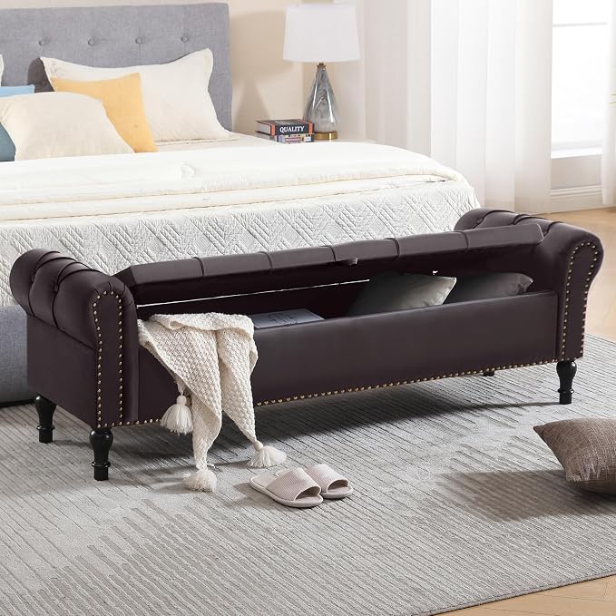 Faux Leather Storage Bench 67 Inch Upholstered Tufted Ottoman Bench with Arms Large Storage Space King Size End of Bed Bench for Bedroom Living Room Entryway Whiskey Coffee
