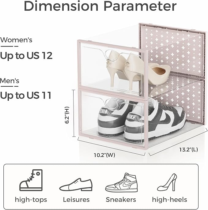 15 Pack X-Large Shoe Storage Boxes, Shoe Organizer Clear Stackable | Fit US Size 11, 6.2” Height, Shoe Dispaly Case Holder Bins Sneaker Storage for Sneakerheads, For Home and Family, Pink
