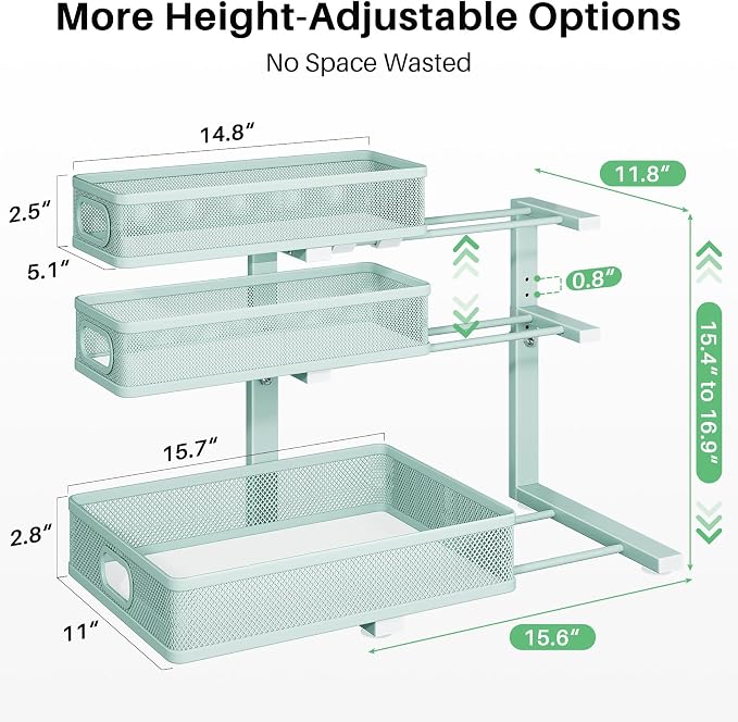 Under Sink Organizer, 1-Pack 3-Tier Height Adjustable Thickened Metal Pull out Cabinet Organizer Shelf, Slide out Storage Drawer Rack for Bathroom Kitchen Pantry Home Organization, LightBlue
