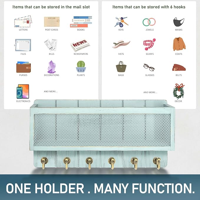 Rebee Vision Key Holder Wall Mount with Mail Basket for Home Decor, Blue | Pine Wood, Key Holder for Wall, 6 Key Hooks, Wood Mail Organizer, Organizes Keys and Letters, Practical Gift, Home Essential