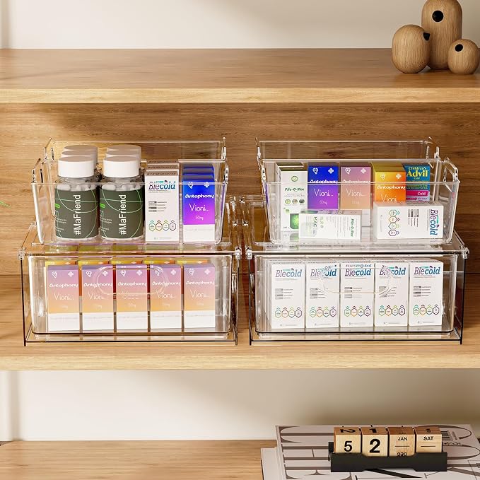 Refrigerator Organizer Bins with Pull-out Drawer 6 Pack Stackable Clear Fridge Drawer Organizer Fruit Vegetable Storage Containers for Kitchen Pantry Organization (2 Large+4 Medium)