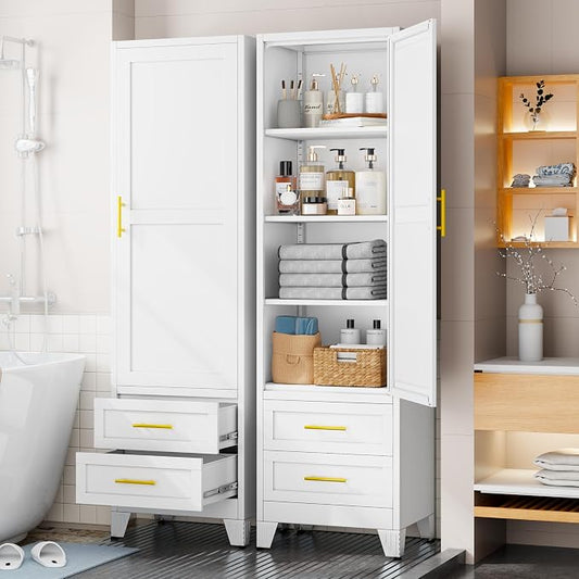 Tall Metal Narrow Storage Cabinet 67" H with 2 Drawer, White Pantry Cabinets with 3 Adjustable Shelves and Door,Tall Bathroom Cabinet for Kitchen, Home Office, Living Room, Dining Room