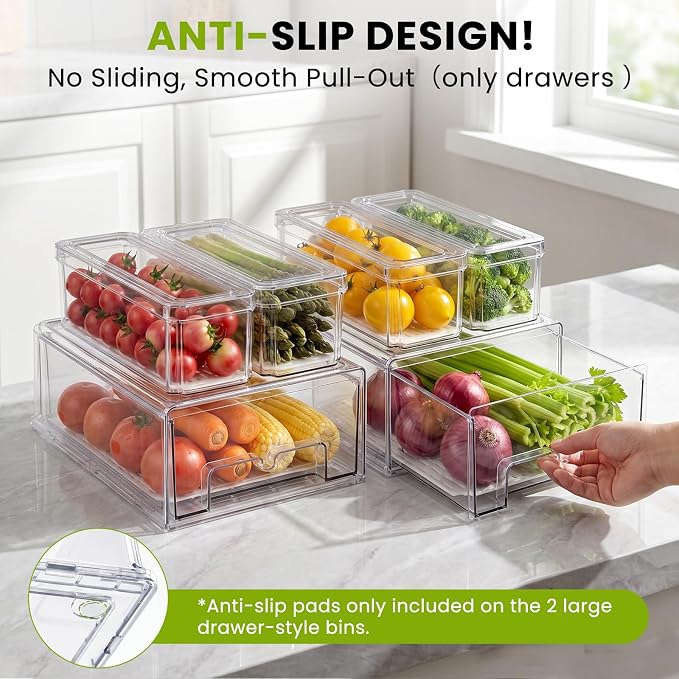 6Pack Fridge Organizers and Storage with Drain Trays,BPA-Free PET,Stackable | 6pack: 2 pull-out organizers & 4 containers with drain trays for fruit, vegetable, drink, snack food storage