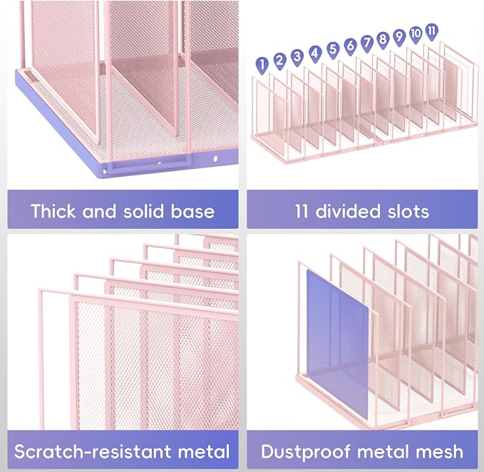 File Organizer for Desk, 11-Section Vertical File Sorter, Paper Holder Organizer Standing Metal File Folder for Office Home Classroom, Pink