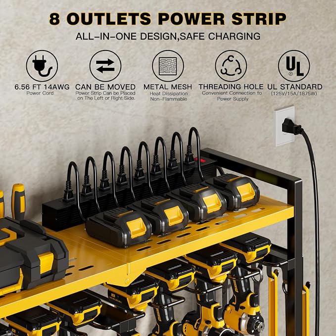 NattyDot Power Tool Organizer Cart with Charging Station, 8 Drills, Yellow | Freestanding Power Tool Cart Holds 8 Drills; Charging Station Powers Batteries while Sturdy Shelves Organize Garage Gear