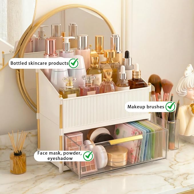 Large Capacity Makeup Organizer Countertop with Brush Holder, Vanity Skincare Perfume Storage Box for Bathroom, Mother's Day Birthday Anniversary Teen Girl Gifts for Women Mom