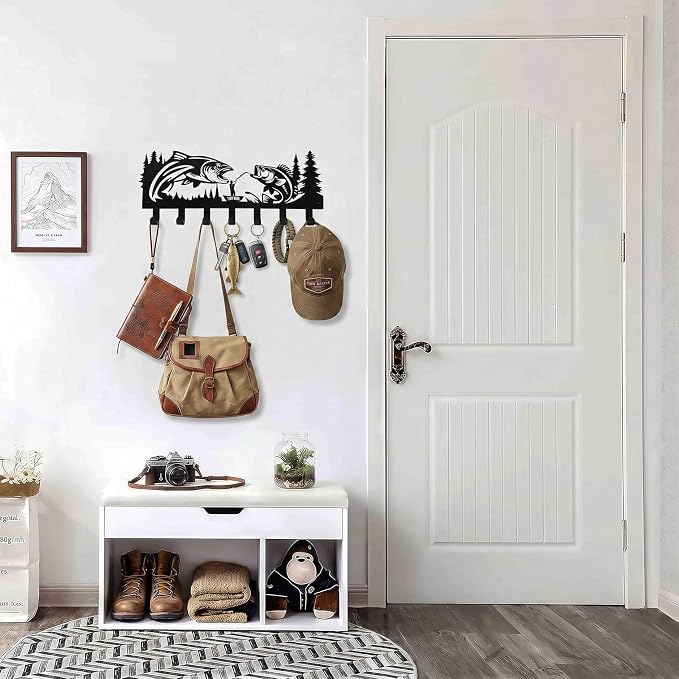 Black Metal Fishing Decor Wall Hooks, Fish Hooks Key Holder Wall Mount for Hanging Key Hat Coat, Animal Theme Hook Rack for Entryway Hallway Bedroom Bathroom, Gifts for Fishing Enthusiasts