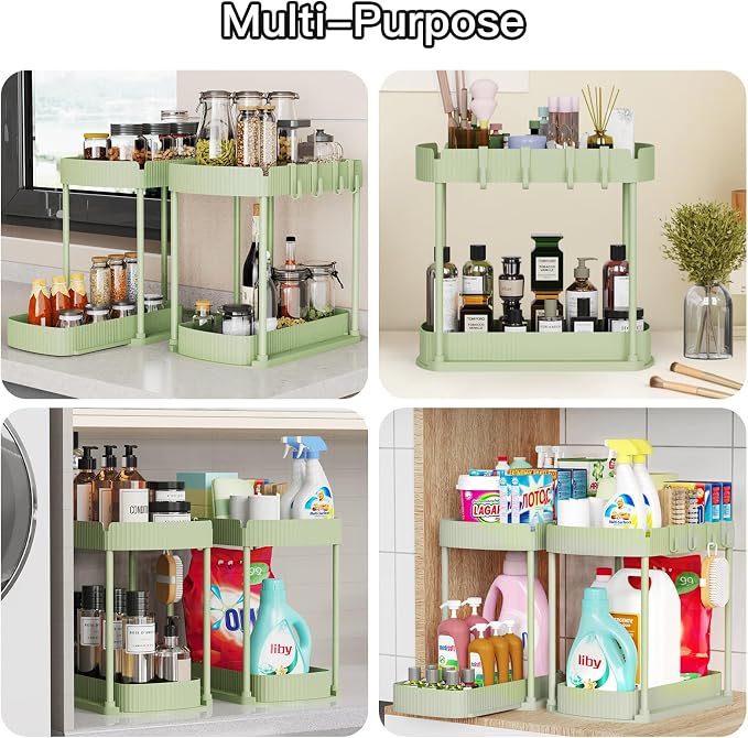 Ukeetap 2 Pack Multi-Purpose Pull-Out Storage Organizers, Under Sink Organizers and Storage for Bathroom & Kitchen, Under Cabinet Organizers and storage, 14.8 Inch, Green