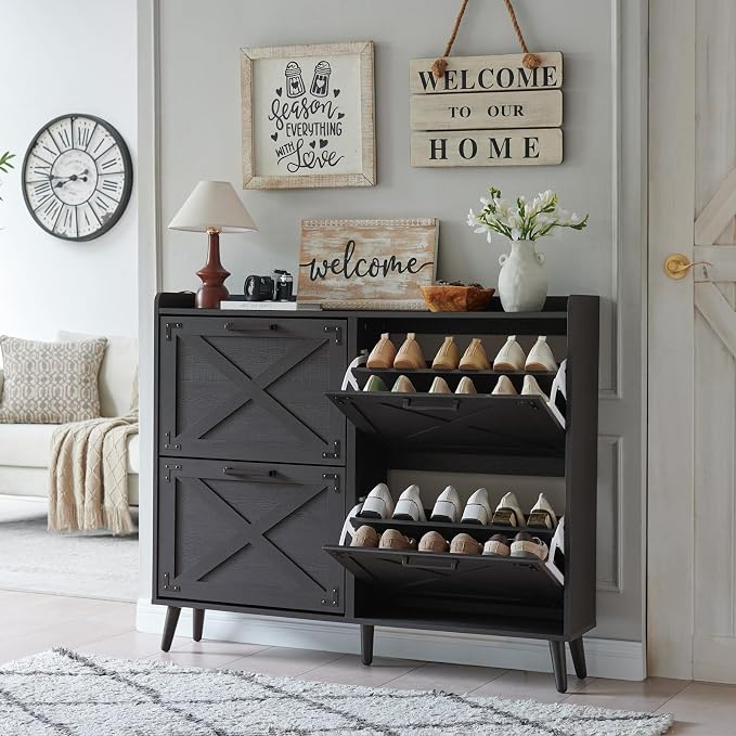 Barnyatoh Farmhouse Shoe Storage Cabinet,Shoe Organizer with 4 Flip Drawers | Freestanding Hidden Slim Narrow Shoe Rack Cabinet,Barn Door Design, Wood Shoes Organizer for Entryway,Foyer,Hallway,Black