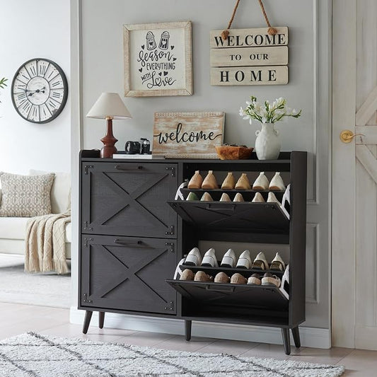Barnyatoh Farmhouse Shoe Storage Cabinet,Shoe Organizer with 4 Flip Drawers | Freestanding Hidden Slim Narrow Shoe Rack Cabinet,Barn Door Design, Wood Shoes Organizer for Entryway,Foyer,Hallway,Black