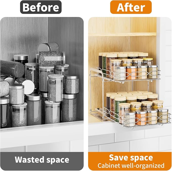 RCHYFEED Pull Out Spice Rack, 2 Tier Height Adjustable Vertical Spice Rack | Chrome,Tape or Screw Mount Available, Heavy Duty Sliding Spice Rack 9.2W x 10.4D x 9.8H, Fits Cabinets with or without Lip