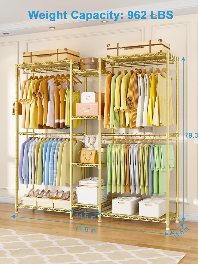 Ulif E4 Clothes Rack, Heavy-Duty Garment Rack Can Be L-Shaped Closet, Gold | Metal Freestanding Clothing Organization Storage System with Shelves and Hangers, Load 962lbs, 70.8"W x 14.5"D x 79.3"H
