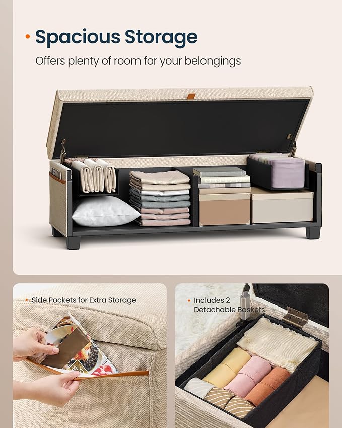 SONGMICS Home Storage Ottoman, 27 Gallons End of Bed Bench, 15.9 x 43.5 x 15.9 Inches, for Bedroom, Entryway, Living Room, Beige