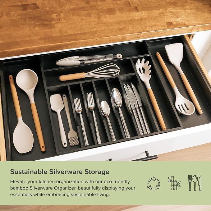 KitchenEdge Silverware & Utensil Drawer Organizer, 18-33 in, Black Bamboo | Cutlery, flatware, food-safe contract grade, kitchen drawer fit