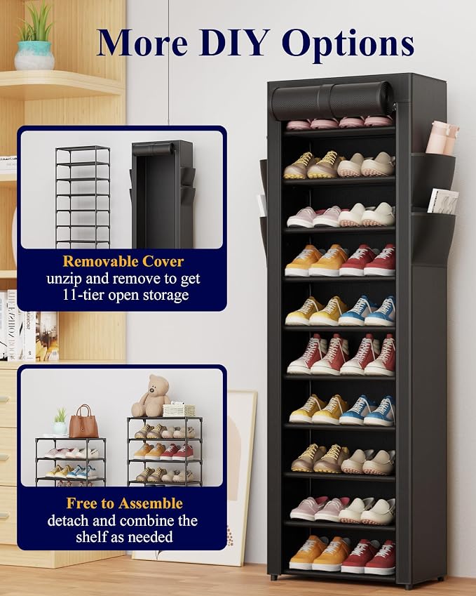 Kitsure 10-Tier Shoe Rack with Cover, Vertical Shelf, 17.5" Wide, Black | Space Saving Shoe Storage with Side Pocket, Shoe Organizer for Closet, Entryway, Bedroom, Zapateras Organizer