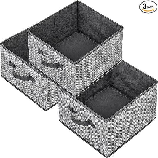 Storage Baskets, 11-Inch Woven Fabric Bins, Storage Cubes with Reinforced Handles, Organizer Bins for Closet Shelves, Foldable, for Toys, Clothes (3PCS/Grey-11*11*7.8inch)