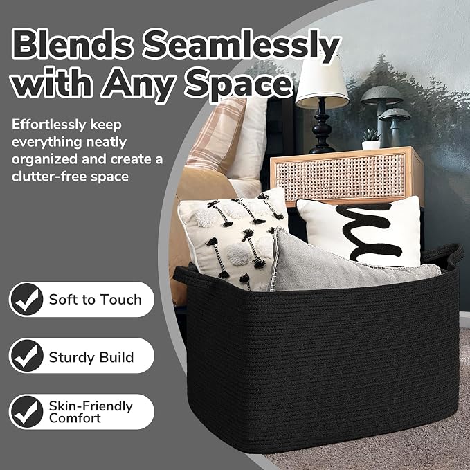 Goodpick Large Woven Blanket Storage Basket, Rectangle Storage, Black | 21.6 x 14.9 x 11.8 in, Reinforced Handles, Blankets, Toys & Pillows Storage, Living Room, Bedroom & Nursery Organization