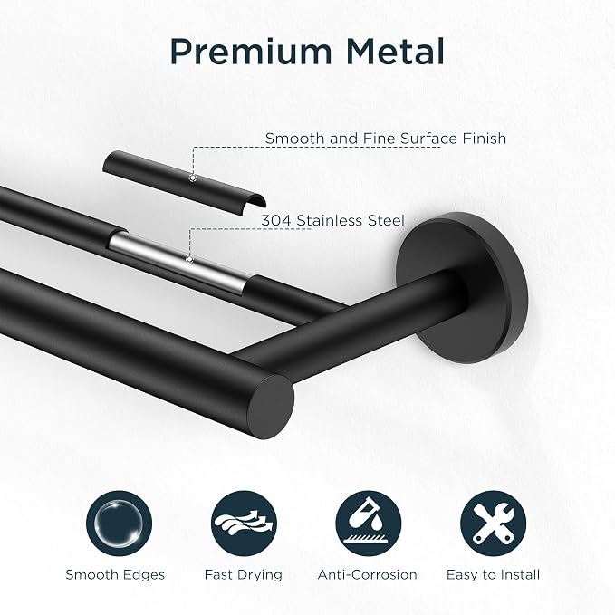 FORIOUS Double Towel Bar 24" Towel Racks for Bathroom Wall Mounted Black | Total Length 26 Inch, Rustproof, Stainless Steel Towel Holder, Wall Mounted for Bathroom Bedroom, Heavy Duty, Space Saving
