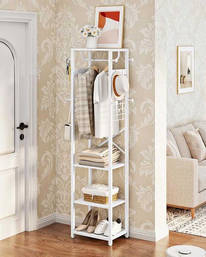 CHOEZON Coat Rack with Shelves, Freestanding Hall Tree, Coat Tree with 16 Hooks and Hanging Rail, Industrial Clothes Stand for Entryway, Hallway, Bedroom, White TYM18WB
