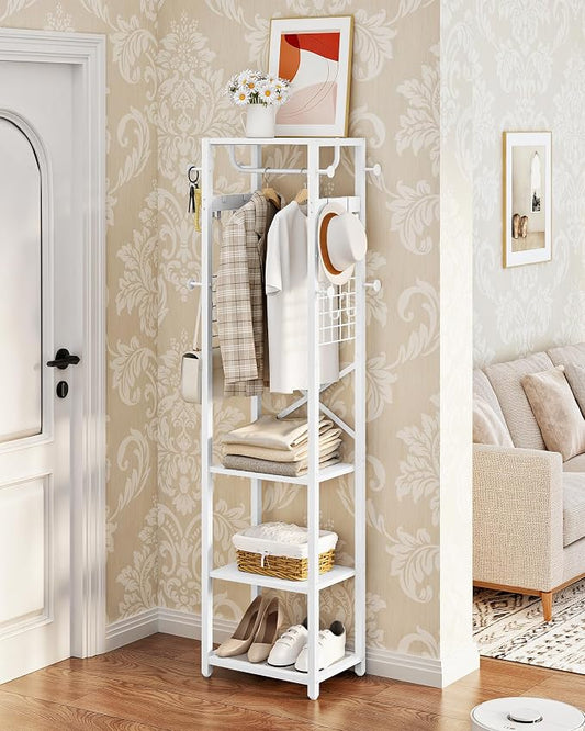 CHOEZON Coat Rack with Shelves, Freestanding Hall Tree, Coat Tree with 16 Hooks and Hanging Rail, Industrial Clothes Stand for Entryway, Hallway, Bedroom, White TYM18WB