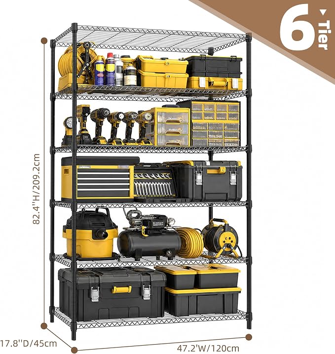 M MZG 6-Shelf Heavy Duty Garage Shelving Wire Adjustable Storage Rack for Kitchen Laundry Bathroom Pantry 2100 lbs Capacity Black 17.7 x 47.3 x 82.4 Inch