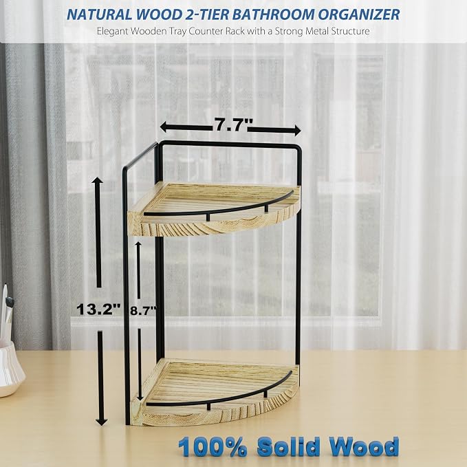 Corner Bathroom Counter Organizer, 2 Tier Wood Vanity Storage, Waterproof Skincare Shelf for Kitchen & Toiletries Decor, Dresser (Rustic-2 Tier)
