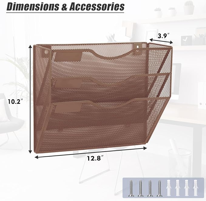 EASEPRES 3 Pocket Mesh Hanging Wall File Organizer, Wall Mounted Mail Paper Document Folder Holder, Clipboard Storage Organization Magazine Rack with Nametag Label for Office Home School, Brown