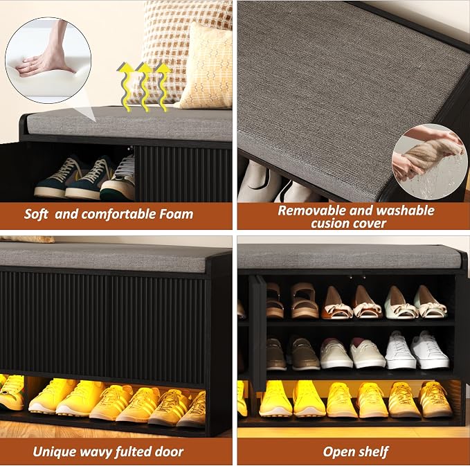 HOMEFORT 47.2" Fluted Shoe Storage Bench, Entryway Bench with Linen Seat Cushion, Shoe Cabinet Bench with Adjustable Shelf and Built-in LED Sensor Light, Bench for Bedroom End of Bed, Black