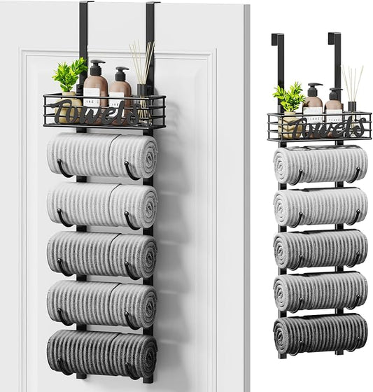 SWTYMIKI Hanging Towel Racks for Bathroom - 6 Tier Over The Door & Wall Mounted Bath Rolled Towel Storage Organizer Holder for Small Bathroom, RV, Camper, Black (Patented)