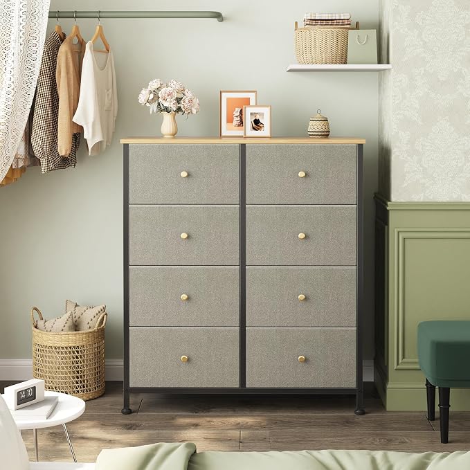 OLIXIS 8 Drawer Storage Dresser for Bedroom, Closet Organizers Units | Fabric Dresser with Wooden Top, Chest of Drawers Clothes Storage, Tower Cabinet, TV Stand Furniture, Dark Green
