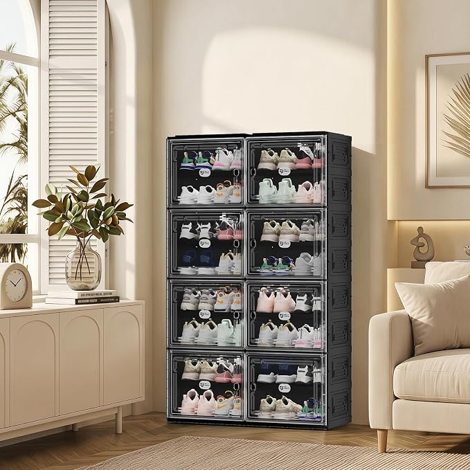 Foldable Shoe Cabinet with Magnetic Clear Doors, Wide Design Shoe Rack for Entryway, Portable Shoe Organizer Meeting Diverse Storage Needs (Black, 2Row 8Tier)