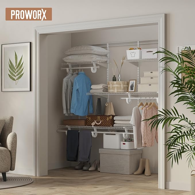 PROWORX 4-6 Ft Closet Organizer System, Adjustable Metal Wire White Closet System, Expandable Walk in Closet Organizers and Storage System, Closet Shelves with Hanging Rods