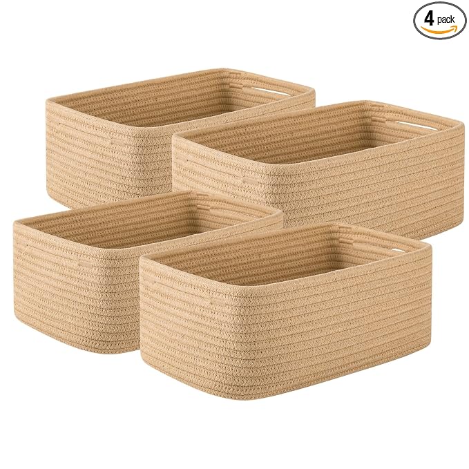 OIASKET 4 Pack Small Storage Shelf Baskets for Organizing, Mini Woven Rope Storage Bins for Towels, Cute Decorative Closet Organizer，Baby Nursery, Gift Empty Baskets -11.81''Lx7.87''Wx4.72''H-Jute