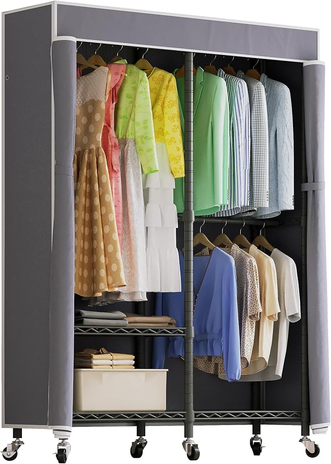 Higeego H9 Heavy Duty Rolling Clothes Rack with Cover, Covered Garment Rack with Wheels and Shelves, Wardrobe Closet, Portable Closet for Hanging Clothes, Black Clothing Rack with Grey Cover