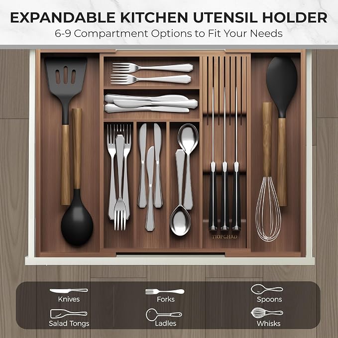 Expandable Bamboo Silverware Organizer with Knife Block, Brown | 12.6-21.45 x 16.3 x 2.13 in, Holds 7 Knives, Removable Knife Block, Adjustable Dividers, Drawer Insert for Utensils, Forks