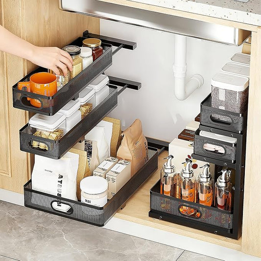 Under Sink Organizer,3-Tier Thickened Metal Pull out Cabinet OrganizerShelf | Height Adjustable Slide out Storage Drawer Rack for under sink organizer bathroom Kitchen,Laundry Room & Pantry