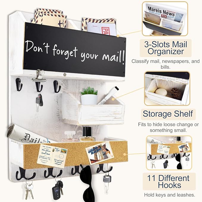 Mail Organizer Wall Mount，Key Holder Mail and Key Organizer for Wall with Shelf, Chalkboard, Corkboard, Home Decor for Room Office Entryway(Ivory White)