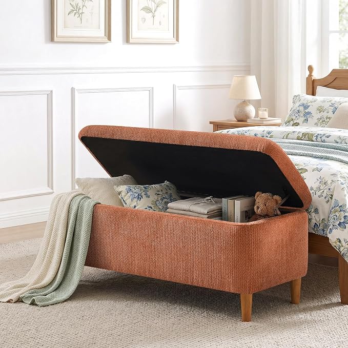 39.4" Ottoman with Storage Upholstered Storage Bench for Living Room | Modern Fabric End of Bed Bench Footstool with Wooden Legs Ottoman Bench for Window Hallway Entryway Bedroom Orange