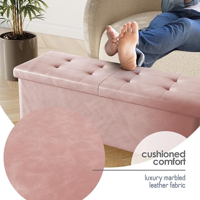 Storage Ottoman Bench with Bins, 43-in Storage Bench for Bedroom End of Bed, Folding Foot Rest Ottoman for Living Room Max 660lbs, Leather Ottomans, Pink