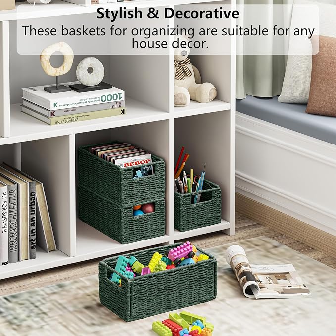 Vagusicc Wicker Storage Basket, Set of 2 Hand-Woven Paper Rope Wicker Basket, Small Storage Baskets for Organizing Toilet Paper, Foldable Small Cube Organizer Bins for Shelves and Bathroom (Green)